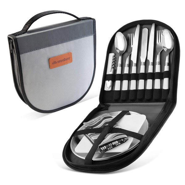 Camping Silverware Kit Cutlery Organizer Utensil Picnic Set - 12 Piece Mess Kit For 2 - Stainless Steel Plate Spoon Butter and Serrated Knife Wine Opener Fork Napkin Hiking - Camp Kitchen BBQ’s (Grey)