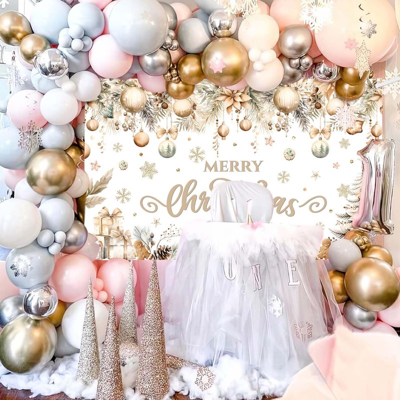 MEHOFOND Merry Christmas Party Backdrop, Gold Snowflakes Christmas Tree Merry