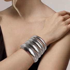 Frigotine Chunky Silver Snake Chain Bangle Bracelet for Woman, Stainless Steel Flexible Stretch Bracelets 8mm Wide Stackable Bangles Trendy Jewelry Gifts