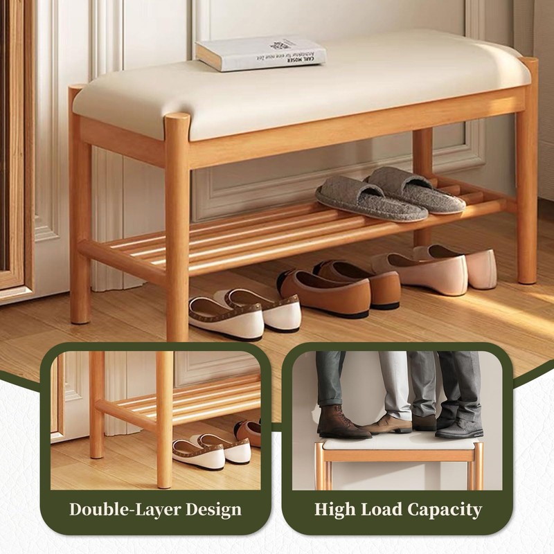 Buzleer Solid Wood Shoe Bench with Cushion, 2-Tier Shoe Rack