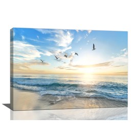 Beach Ocean Canvas Large Wall Art for Living Room Coastal Seagull Framed Prints Seascape Sunrise Pictures Aesthetics Painting Artwork Office Home Decor for Bathroom Bedroom Dining 24"x16"
