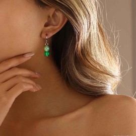 Cybche Boho Green Jade Beads Earrings Round Ball Beads Dangle Drop Earrings Agate Beads Huggie Hoop Earring Jewellery for Women, Zinc, No Gemstone