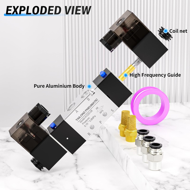 TAILONZ PNEUMATIC Solenoid Valve 4V220-08 DC12V 1/4"NPT Double Coil Pilot-Operated