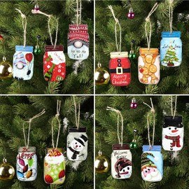 Jetec 24 Pcs Christmas Tree Ornaments Wooden Mason Jar Shaped Winter Vintage Decor Hanging Slices Santa Claus Snowman Gingerbread Gnome Embellishments Tags for Tree Wall Party Farmhouse Decoration