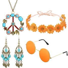 Hicarer Hippie Costume Accessories Include Sunglasses, Peace Sign Necklace, Boho Headband and Earring for 60s 70s Party (Orange)