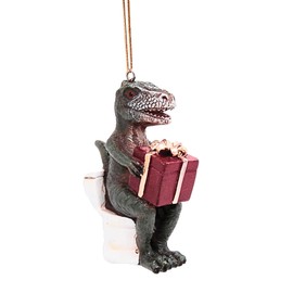 T-Rex on a Toilet with a Gift Christmas Ornament, Holiday Decoration, Funny White Elephant Gift, 3 Inches