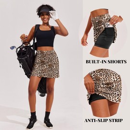 Ekouaer Skorts for Women Golf Skirts with Pockets Athletic Skirt Black Tennis Skirts Tummy Control,Leopard Small