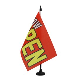 AZ FLAG - Tischflagge ist jetzt offen rot und gelb, 21 x 14 cm – kleine Now Open Büroflagge aus 100% Polyester mit 25 cm Fahne und Sockel aus schwarzem Kunststoff