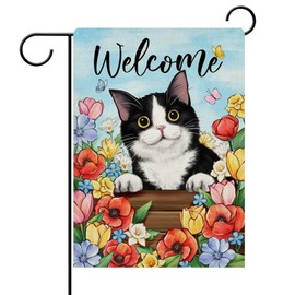Dyrenson Welcome Spring Summer Tuxedo Cat Decorative Garden Flag, Poppy Flower Yard Outside Home Decorations Pet Lover Gift, Floral Seasonal Burlap Outdoor Small Decor Double Sided 12 x 18
