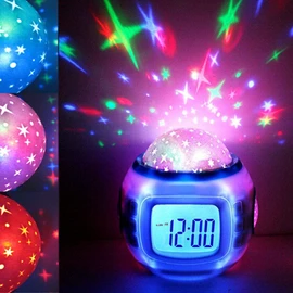 Fine Sky Star Night Light Projector Lamp Bedroom Alarm Clock with Music Backlight Calendar Thermometer for Children Kids Birthday Gift Digital Alarm Clock (White)