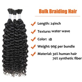 Water Wave Bulk Human Hair Mixed Synthetic Braiding Hair For Boho Braids Knotless Bohemian Braids Curly Hair Bundles No Weft Micro Braiding Hair Wet And Wavy Hair For Braiding(24 Inch, 1B)