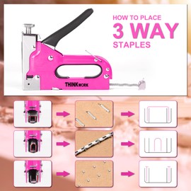 THINKWORK Heavy Duty Staple Gun, 3 in 1 Pink Staple Gun for Upholstery with 900 Staples, Nail Gun for Wood, Cable, Fabric, Wall, Material Repair, DIY Manual Stapler