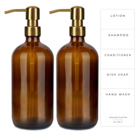 Emerson Essentials Glass Soap Bottle Dispensers, 2 Pack, Stainless-Steel Pumps Rust-Free, Hand Set for Bathroom Kitchen Sink, Liquid Lotion Shampoo Jars with 4 Waterproof Labels, 16 Oz Amber/Gold