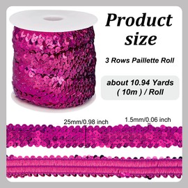 OLYCRAFT 10 m Sequin Appliqué Sequin Ribbon Stretch Sequin Trim 3 Rows Fabric Sequin Ribbon Trim for Dress Decoration and Headband - Pink