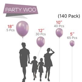 PartyWoo Dusty Purple Balloons 140 pcs Different Sizes of 18 12 10 5 Inch Matte Lavender Lilac Latex Helium Balloon Arch Kit Garland for Wedding Baby Shower Birthday Party Decorations Purple-F29