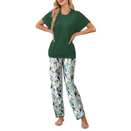 Famulily Women's Pyjamas Short Sleeve Top and Printed Bottoms Summer Womens Nightwear Loungewear Two Piece Pjs Set with Pockets Cosy Sleepwear Navy M