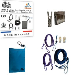 Rop'in Wood: Camping and Home Clothesline, 10 m, Weather-Resistant with Anti-knot System, 1 Bag, 10 Stainless Steel Clothes Pegs, 2 Tree Stands, Hooks for Attaching, Carabiner Hook, Made in France