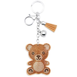 AuPra Brown Teddy Bear Women KeyRing Gift Lady Girl Bling Crystal Bag Clip KeyChain Mum Rhinestone Tassel Keys Present