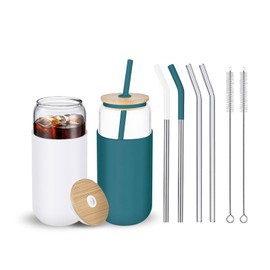 WillCome 20oz Glass Cups with Lids and 3 Types of Straws,Beer Can Shaped Glass Tumbler with Protective Sleeve,Cute Iced Glass Coffee Cup,Drinking Glasses for Smoothie,Beer,Boba,Gift,2Pack,White,Green