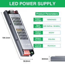 LED Transformer 230 V to 24 V 6.25 A, 150 W LED Power Supply with 4-Level Dimming (25%/50%/75%/100%), LED Driver 24V Silent Power Supply with Overload Alimentator