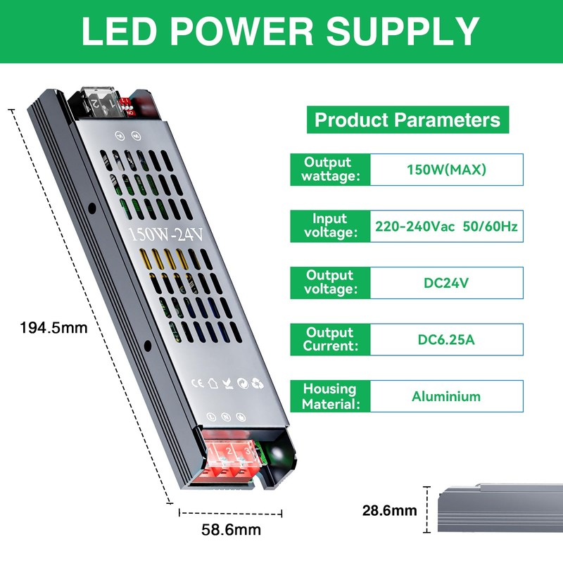 LED Transformer 230 V to 24 V 6.25 A, 150
