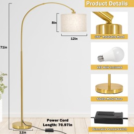 Gold Arc Floor Lamp, Dimmable Floor Lamp for Living Room, Mordern Standing Light with Adjustable Lamp Head, Tall Pole Lamp Over Couch Arched Light for Reading, Bedroom, Office, 9W LED Bulb Included