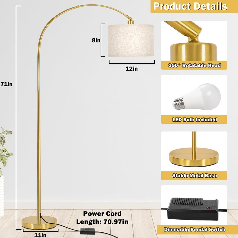 Gold Arc Floor Lamp, Dimmable Floor Lamp for Living Room,