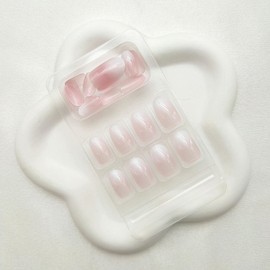 Pink White Press On Nails - Short Oval Fake Nails with Simple Designs, Ombre Translucent Glue, Glossy Daily Artificial Natural False Nails - Cute Stick On Nails for Women - 24 Pcs