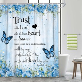 Cortina de ducha de mariposa azul, cortina de ducha inspiradora con versículo de la Biblia, cortinas coloridas bohemias, juego de decoración de baño con ganchos, 70 x 70 pulgadas