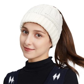 Bocianelli Womens High Messy Bun Beanie Hat with Ponytail Hole, Winter Warm Trendy Knit Ski Skull Cap Classic-White