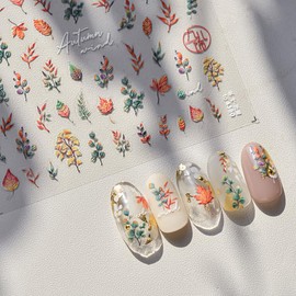2Sheets 5D Nail Art Stickers, Decorative Nail Decals Vintage Embroidery Garden Manicure Sticker Flowers Leaves and Butterflies Decoration Accessories for Women Girls (Colorful Leaves)