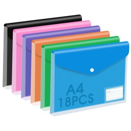 Flow fire A4 Plastic Wallets with Popper, 18 Pcs A4 Waterproof Folders Plastic Wallets for Office Supplies File Document Storage 33.2 x 23.4 cm