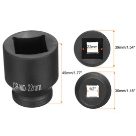 HARFINGTON 4 Point Square Socket 1/2" Drive 22mm Metric Square Impact Socket CR-MO Blackening Standard Wheel Sockets Pneumatic Socket Tool for Auto Repair Mechanical Maintenance Home Use