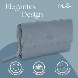 Baur Women's Genuine Leather Wallet with RFID Protection, Large Wallet, Many Card Slots, Wallet with Press Stud and Zip Coin Compartment, Women's Wallets, Dove Blue, Classic