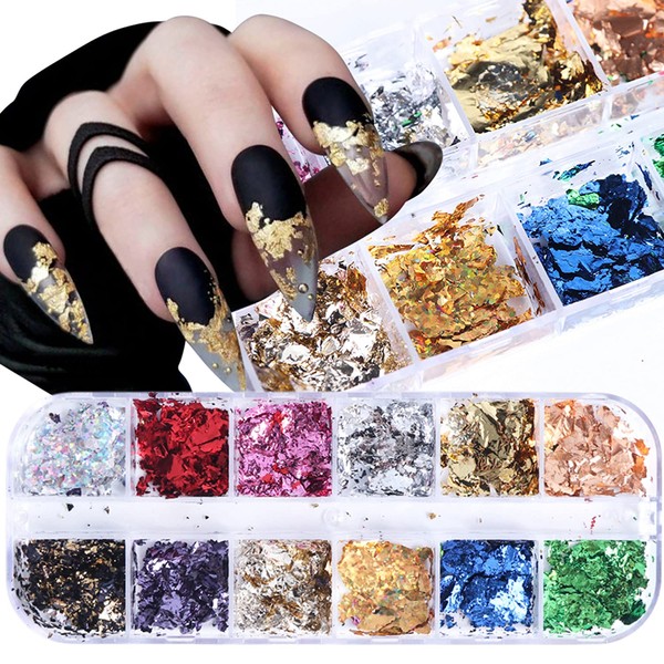 12 Colors Holographic Nail Glitter Foils Laser Glitters Nail Sequins Ultra-Thin Film Nail Designs Acrylic Nails Supplies for Women Girls Manicure Tips Charm Decorations DIY Shiny Nails Art Stickers