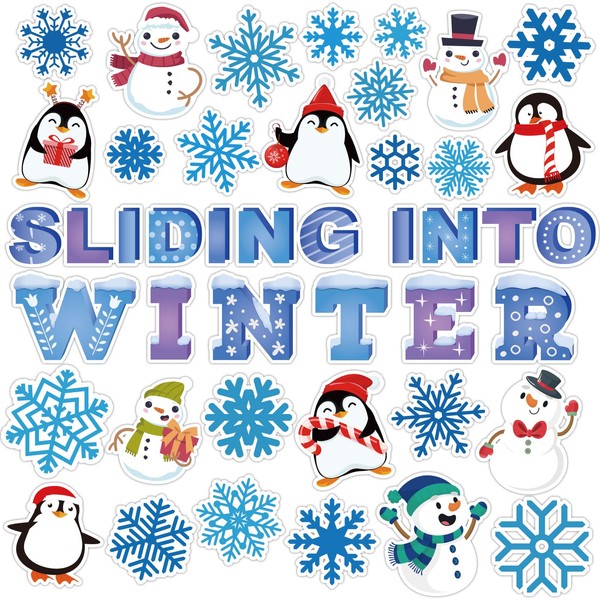 Winter Cut-Outs Snowflake Penguins Snowman Cut Outs Sliding into Winter Classroom Bulletin Board Decorations Winter Christmas Wonderland Frozen Party Themed Supplies for Toddler Kids Students