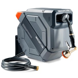WACOTOYA Retractable Garden Hose Reel 1/2 in x 100 ft Professional Metal Bracket & 9-Pattern Metal Nozzle UV Resistant Brass Fitting Heavy Duty Wall Mount Any Length Lock Slow Retraction 180° Swivel
