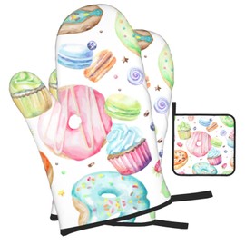 Cupcakes Donuts Muffins Sugar Print Heat Resistant BBQ Gloves Oven Mitts and Pot Holders Set for Kitchen Baking Set