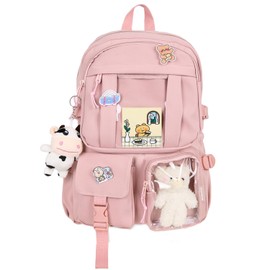 youcoscos Kawaii Backpack with Bear Plush Kawaii Pin Accessories Cute Aesthetic Bookbag School Bags for Girls Teen (Cute, Pink)