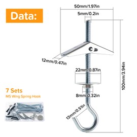 Lyeteung 7 Sets M5 Wing Spring Hook, Spring Toggle Wing Bolt Hook, Ceiling Plasterboard Mount Hook, with Hex Nuts, Washers, for Plasterboard Hollow Walls Hanging Plants Fixing