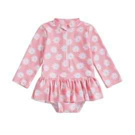 XIXIMAON Toddler Girl Swimsuits Daisy Floral Long Sleeve Ruffled Bathing Suit Baby One Piece Rash Guard Zip Up Romper Swimwear Girls Beach Outfits (Pink, 3-6 Months)