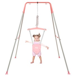 FUNLIO Baby Jumper with Stand for 6-24 Months, Infant Jumper for Indoor/Outdoor Play, Toddler Jumper for Baby Girl/Boy, with Adjustable Chain, Easy to Assemble & Store (with Stand) - Pink
