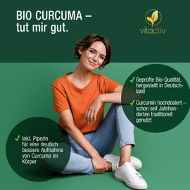 VITACTIV Bio Curcuma 3000 - Kurkuma hochdosiert - Curcuma Extrakt mit 95% Curcumin - Piperin für hohe Bioverfügbarkeit - Ohne Magnesiumstearat, Vegan - 60 Curcuma Kapseln für 60 Tage