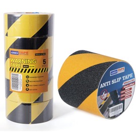 ADHES Black and Yellow Safety Tape, 5 Rolls x 2 Inch x 108 Feet + Non Slip Hazard Caution Tape 4In X 20Ft