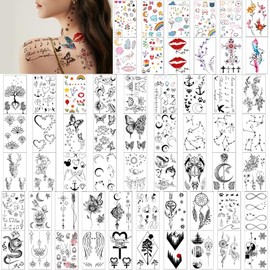 Yazhiji 60 Sheets Tiny Waterproof Temporary Tattoos, Moon Stars Constellations Music Compass Anchor Words Lines Flowers for Kids Adults Men and Women