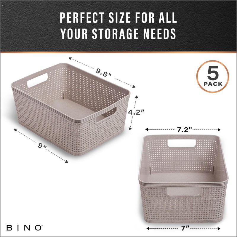 BINO | Woven Plastic Basket | Small (Natural Grey), 5-Pack