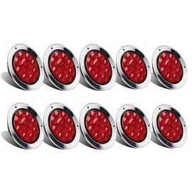 Partsam 10Pcs Red 4" Inch Round LED Trailer Tail Lights 12LED Flange Mount Stainless Steel Chrome Bezel Waterproof Stop Turn Tail Brake Lights Replacement for Trucks RV 12V