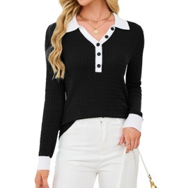 Blooming Jelly Women's Cable Knit Sweater Long Sleeve V Neck Pullover Tops 2025 Fall Fashion Trendy Old Money Clothes (Black and White,Medium)