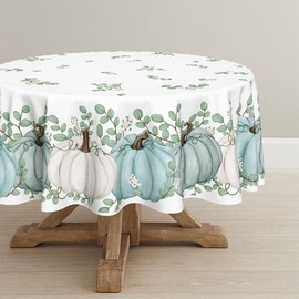Horaldaily Autumn Table Linen 150 x 150 cm Round Thanksgiving Autumn Harvest Blue Pumpkin Eucalyptus Tablecloth for Party Picnic Dinner Decor