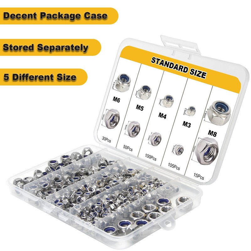 300pcs Locknuts Assortment Kit M3 M4 M5 M6 M8 Hex